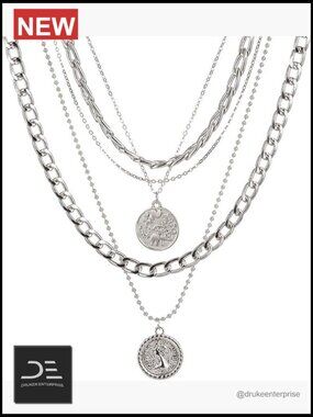 Chunky Layered Coin Pendant Necklace Set Adjustable Cuban Link Chain Statement